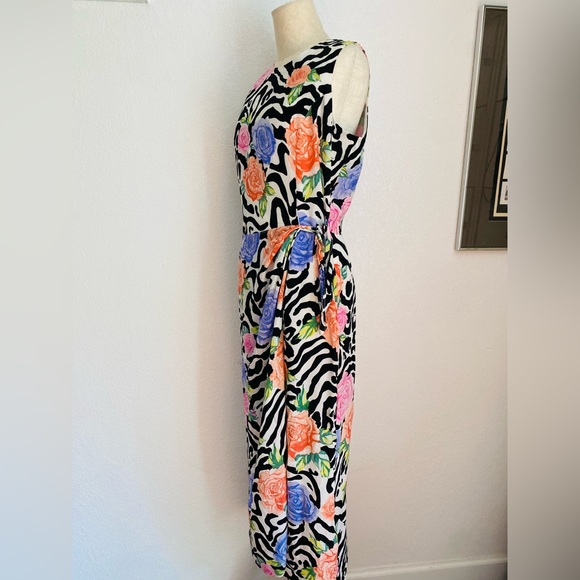 Vintage 90s Maxi Sleeveless Silk Black and White Colorful Floral Pattern Dress - Picture 9 of 16